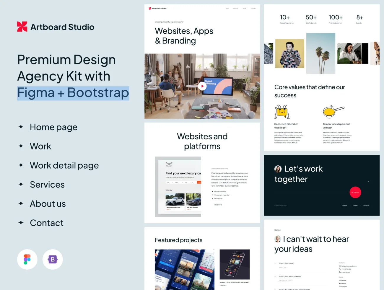 设计机构工作室网站模板UI设计素材包 Artboard Studio - Premium Design Agency Template with Figma + Bootstrap .bootstrap .html .figma-UI/UX、ui套件、主页、介绍、应用、网站-到位啦UI