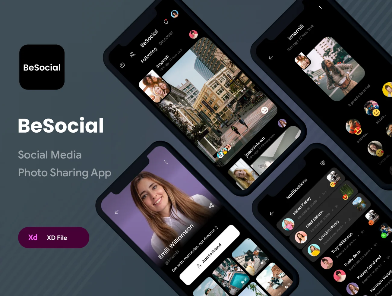 社交照片分享应用UI工具包 BeSocial Media Photo Sharing App .xd-UI/UX、ui套件、主页、介绍、卡片式、图表、应用、播放器、海报、社交-到位啦UI