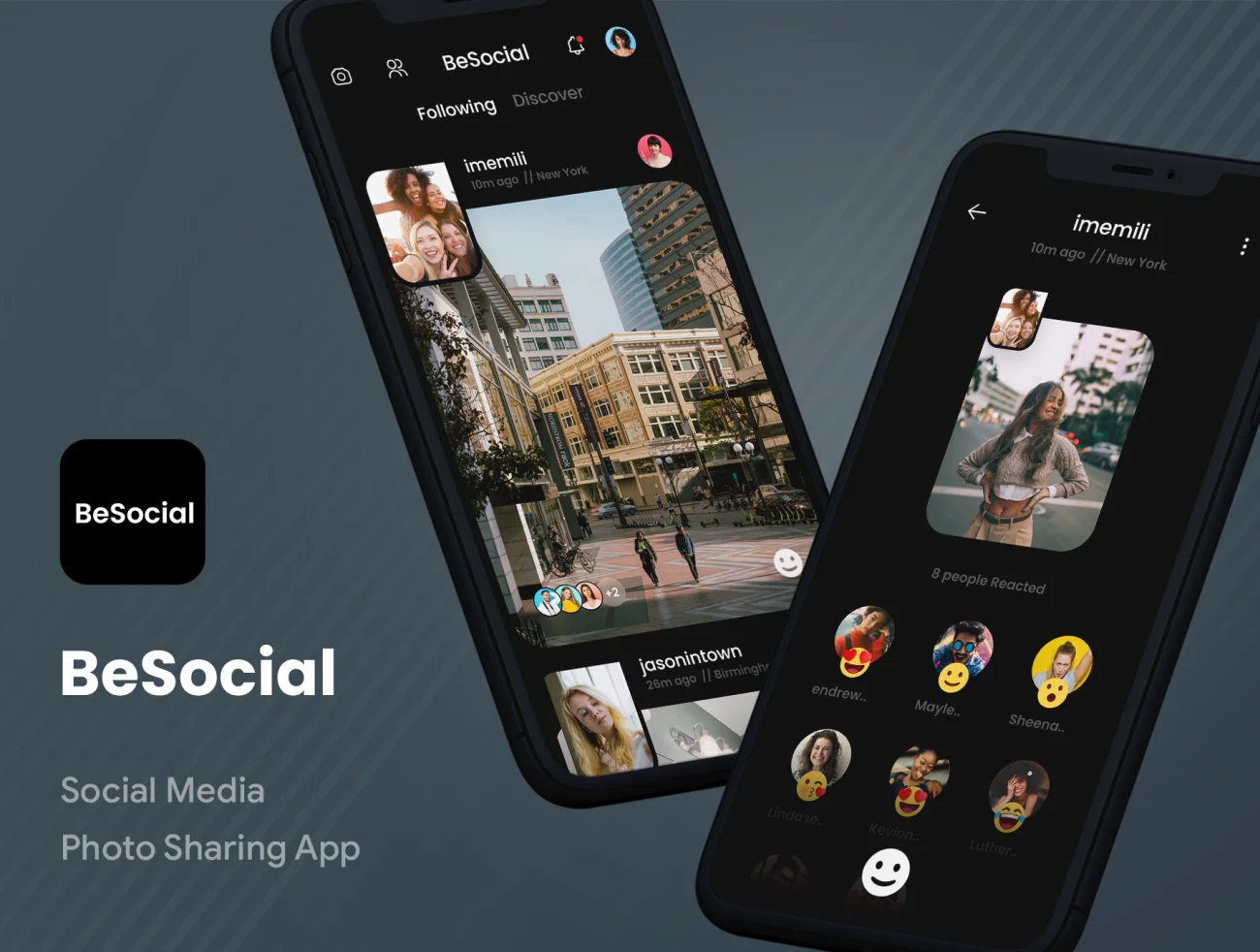 社交照片分享应用UI工具包 BeSocial Media Photo Sharing App .xd-UI/UX、ui套件、主页、介绍、卡片式、图表、应用、播放器、海报、社交-到位啦UI