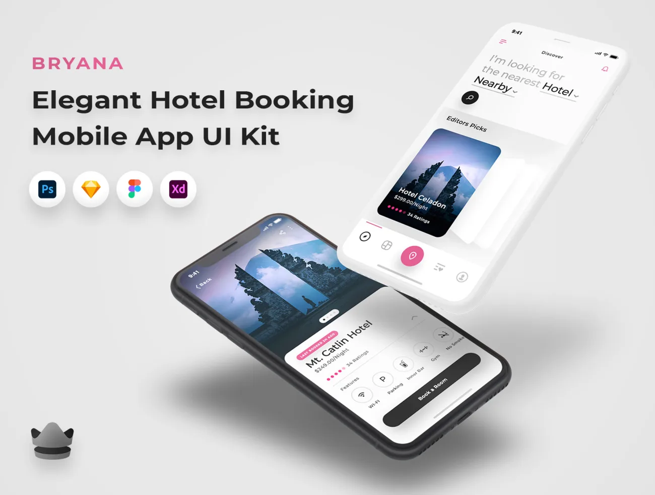 旅游线路酒店预订UI套件 Bryana iOS UI Kit .sketch .psd .xd .figma .lunacy-UI/UX、ui套件、主页、介绍、出行、卡片式、地图、应用、预订-到位啦UI