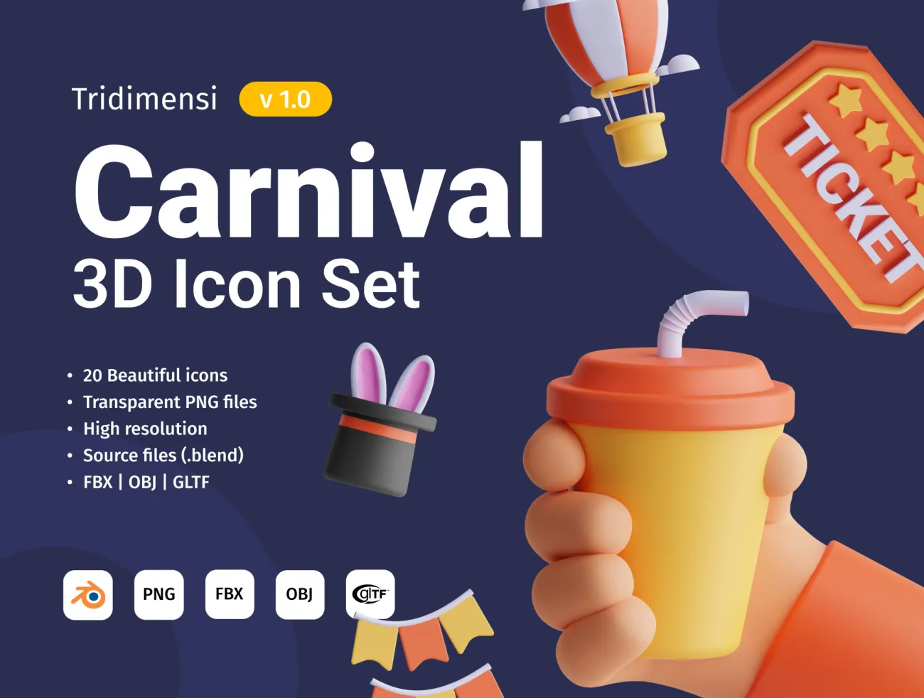 狂欢嘉年华3D模型图标集20款 Carnival 3D Icon Set .blender .fbx .obj .gltf-3D/图标-到位啦UI