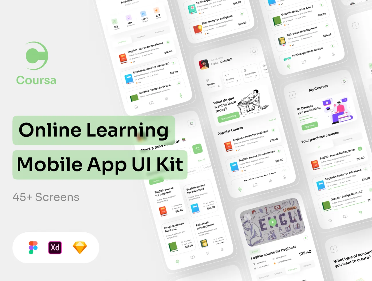 在线学习手机移动应用程序UI套件45屏 Coursa - Online Learning Mobile App UI Kit .figma .xd .sketch-UI/UX、ui套件、应用、播放器、聊天-到位啦UI