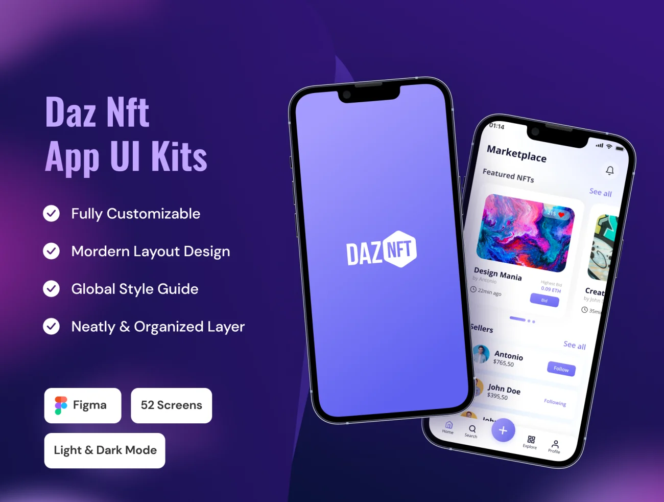 NFT市场应用程序 UI 套件52屏 DazNFT Marketplace UI Kit .figma-UI/UX、ui套件、主页、应用-到位啦UI