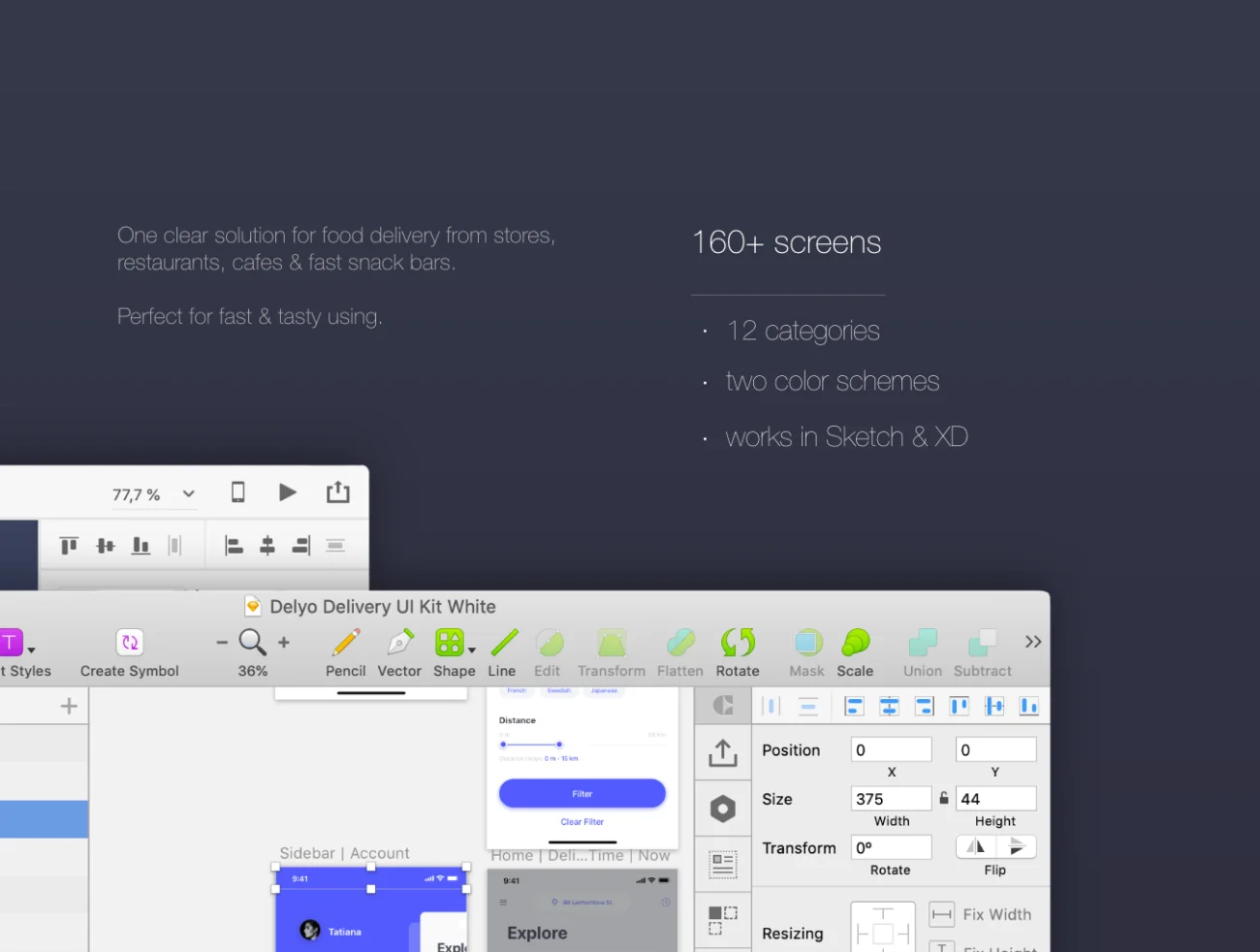 外卖点餐配送iOS应用UI设计套件100屏 Delyo iOS UI Kit .sketch .figma-UI/UX、主页、出行、地图、网购、预订-到位啦UI