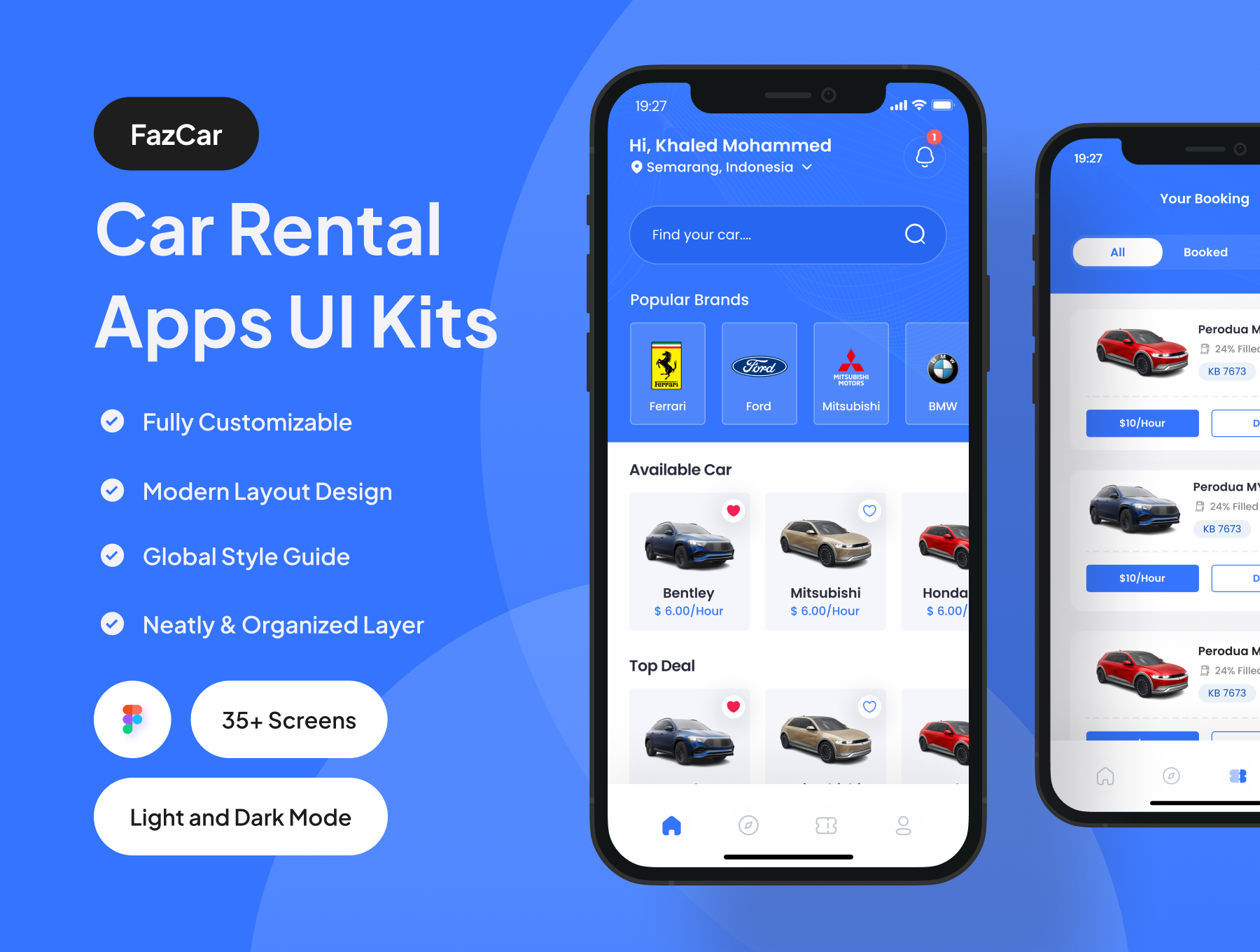 汽车租赁应用程序 UI 套件35屏 FazCar - Car Rental App UI Kit .figma-UI/UX、ui套件、主页、介绍、应用、网购、详情-到位啦UI