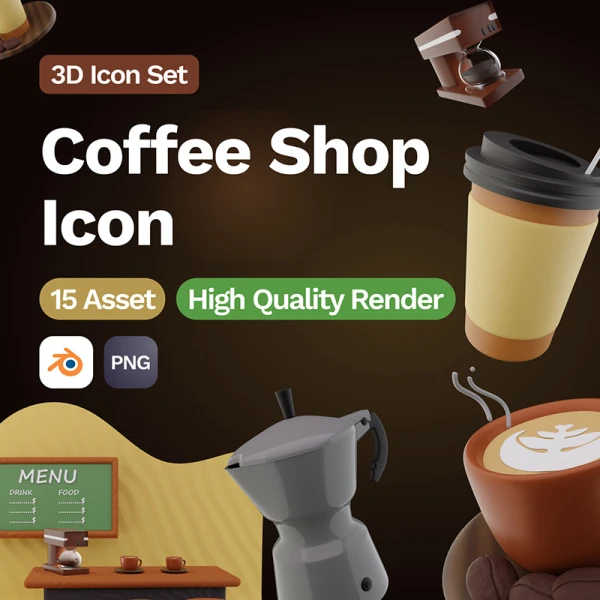 咖啡3D图标模型15款 3D Coffee Shop Icon .blender .png