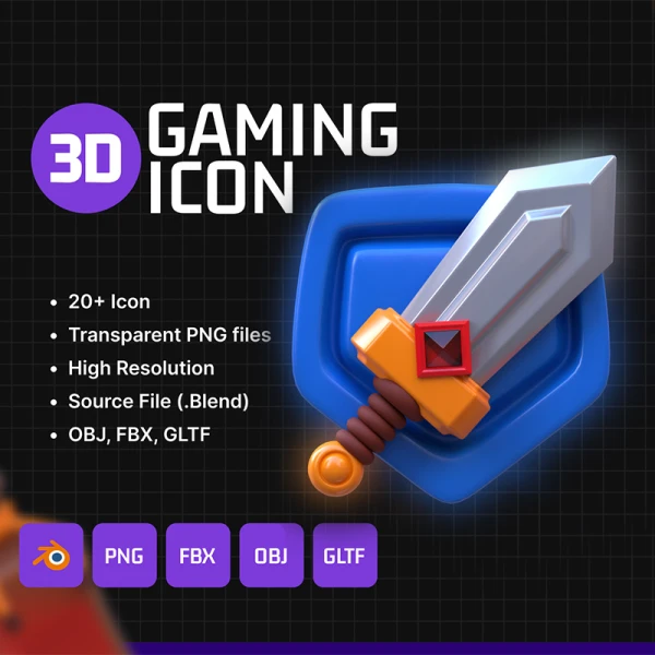 3D程序格式化游戏图标20款 3D Stylized Gaming Icon .blender .png .obj .gltf .fbx