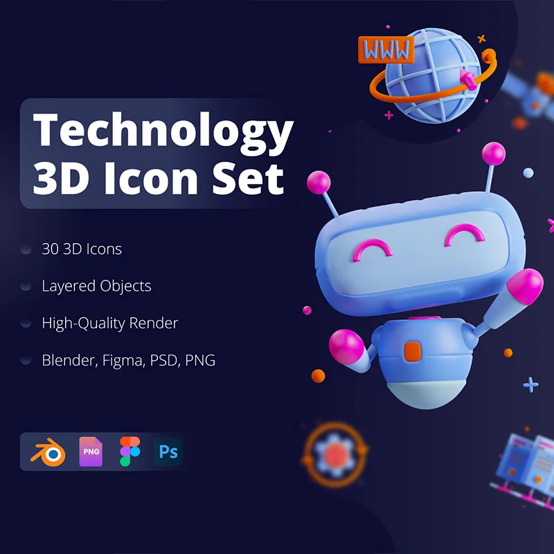 科技智能AI机器人技术3D图标模型30款 3D Technology Icon Set .blender .figma .glTF .PNG .PSD缩略图到位啦UI