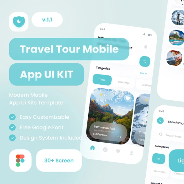 旅游出行应用UI设计套件30屏 Arjuno Travel Tour App UI Kit .figma