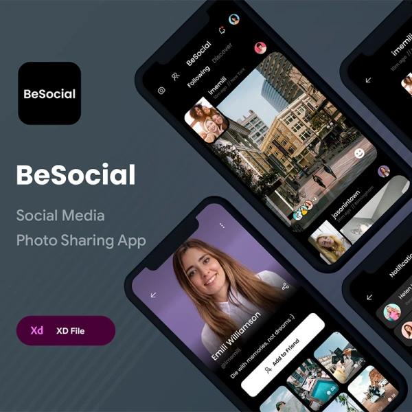 社交照片分享应用UI工具包 BeSocial Media Photo Sharing App .xd