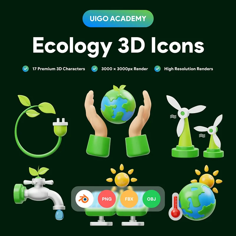 绿色环保能源节水太阳能3D图标模型集15款 Ecology 3D Icon .blender缩略图到位啦UI