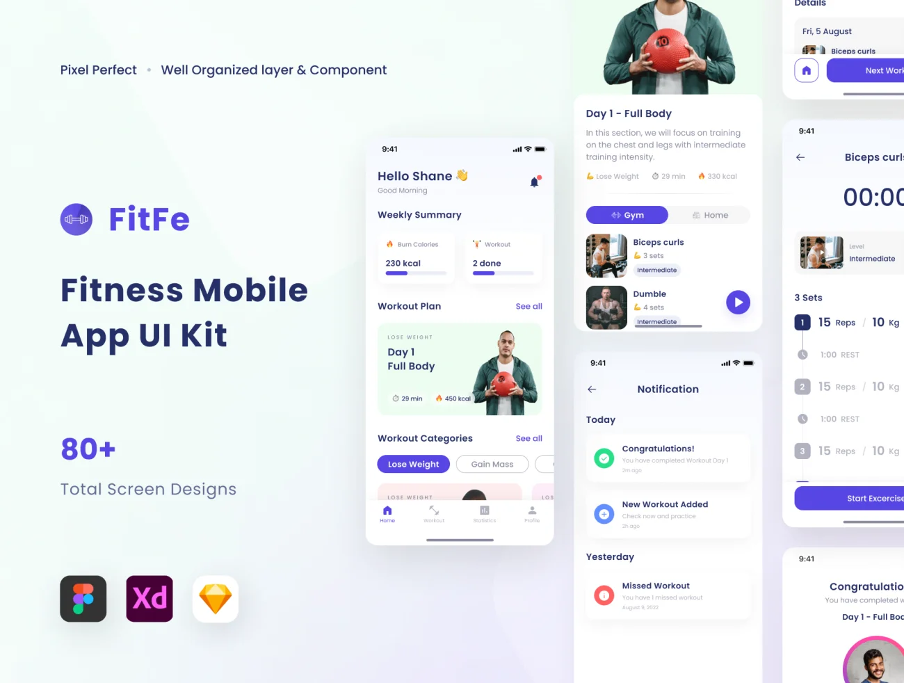Fitfe - 运动健身锻炼手机移动App UI套件 Fitfe - Workout Fitness Mobile App UI Kit sketch, xd, figma, lunacy格式-UI/UX、ui套件、主页-到位啦UI