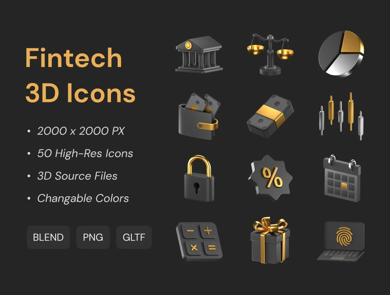 Fintech 金融科技 3D图标包含50个深色和金色主题的3D图标 Fintech 3D Icons blender格式-3D/图标-到位啦UI