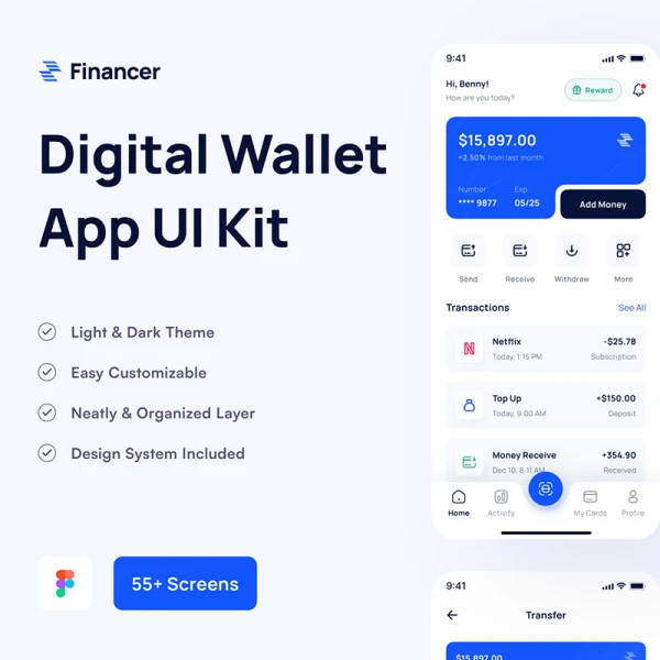 金融理财数字钱包应用程序 UI 套件55屏 Financer - Financial & Digital Wallet App UI Kit .figma