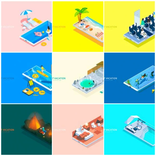 9套夏日度假旅游MBE插画风格AI矢量设计源文件