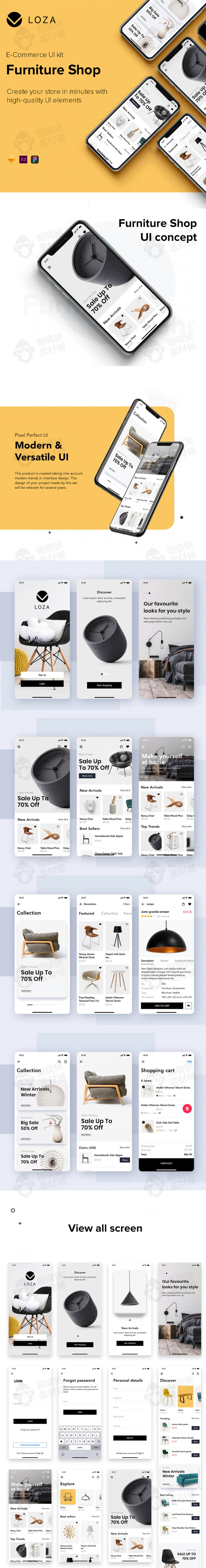 黑白简约LOZA高端电商UI kit家居灯饰时尚app设计sketch设计素材-UI/UX-到位啦UI