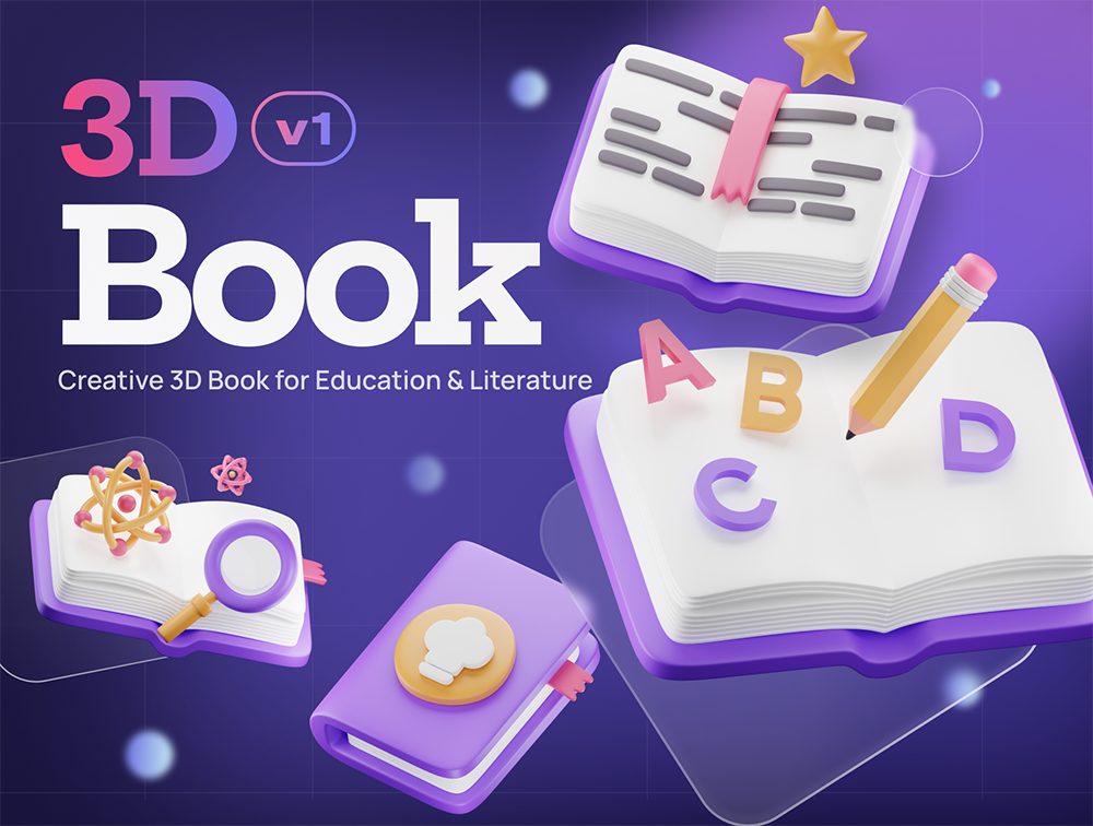 Bookly - 书籍与学校文具 3D图标素材-3D/图标-到位啦UI