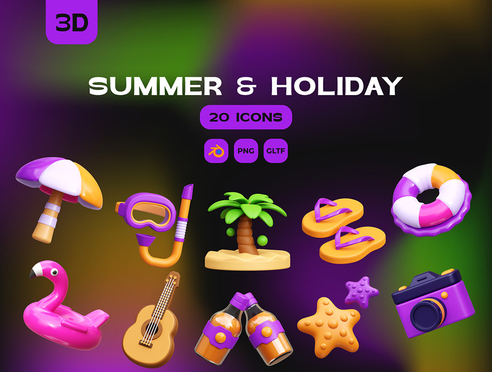 夏季与假期3D插图插图Figma Blender、Figma、Illustrator、Photoshop、PowerPoint-3D/图标-到位啦UI