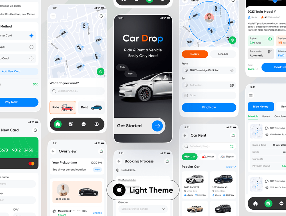 Car Ride & Rental App UI Kit - 汽车乘坐和租赁应用 UI 套件素材-UI/UX-到位啦UI