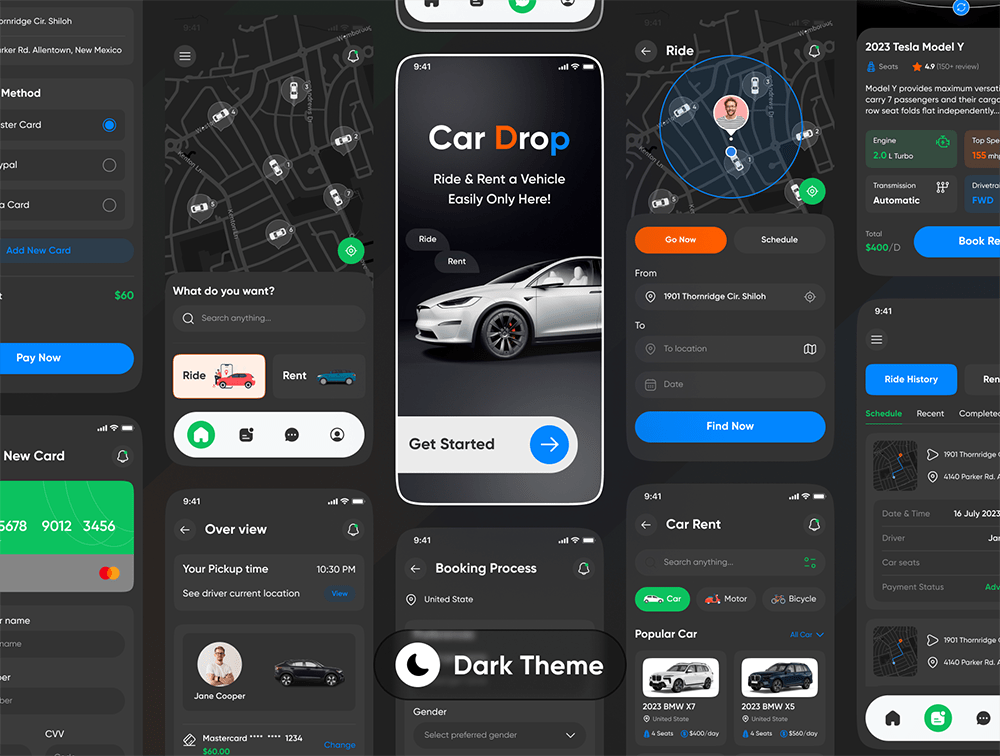 Car Ride & Rental App UI Kit - 汽车乘坐和租赁应用 UI 套件素材-UI/UX-到位啦UI