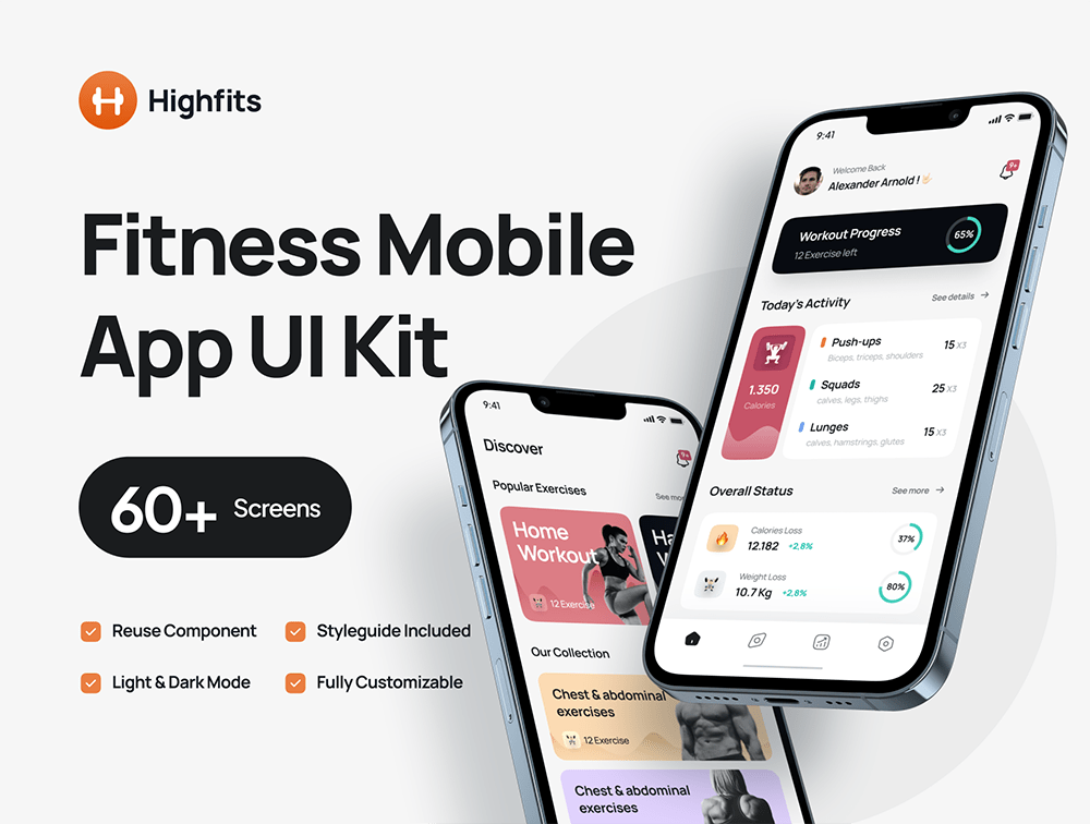 Highfits - Fitness Mobile App UI Kit Figma源文件-UI/UX-到位啦UI