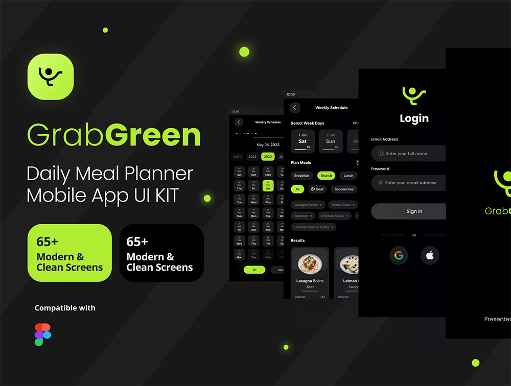 GrabGreen - 每日健康食物餐饮规划手机应用 UI 套件 Figma源文件-UI/UX-到位啦UI