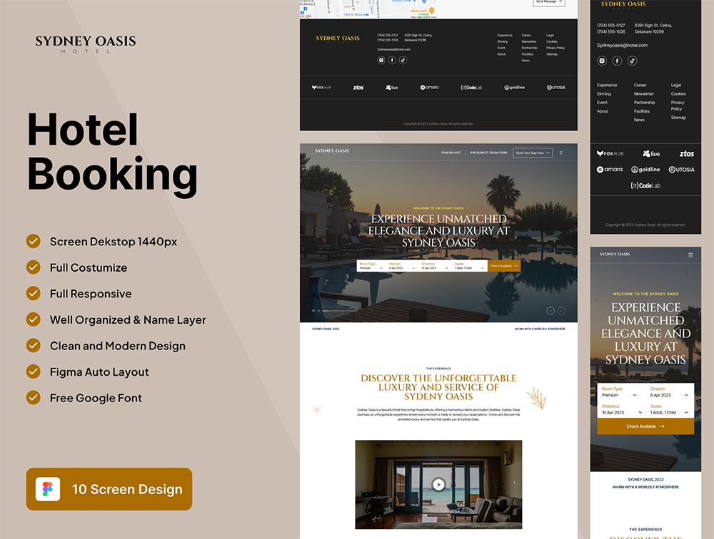 Sydney Oasis Hotel - 酒店预订着陆页网站模板UI套件 Figma-UI/UX-到位啦UI