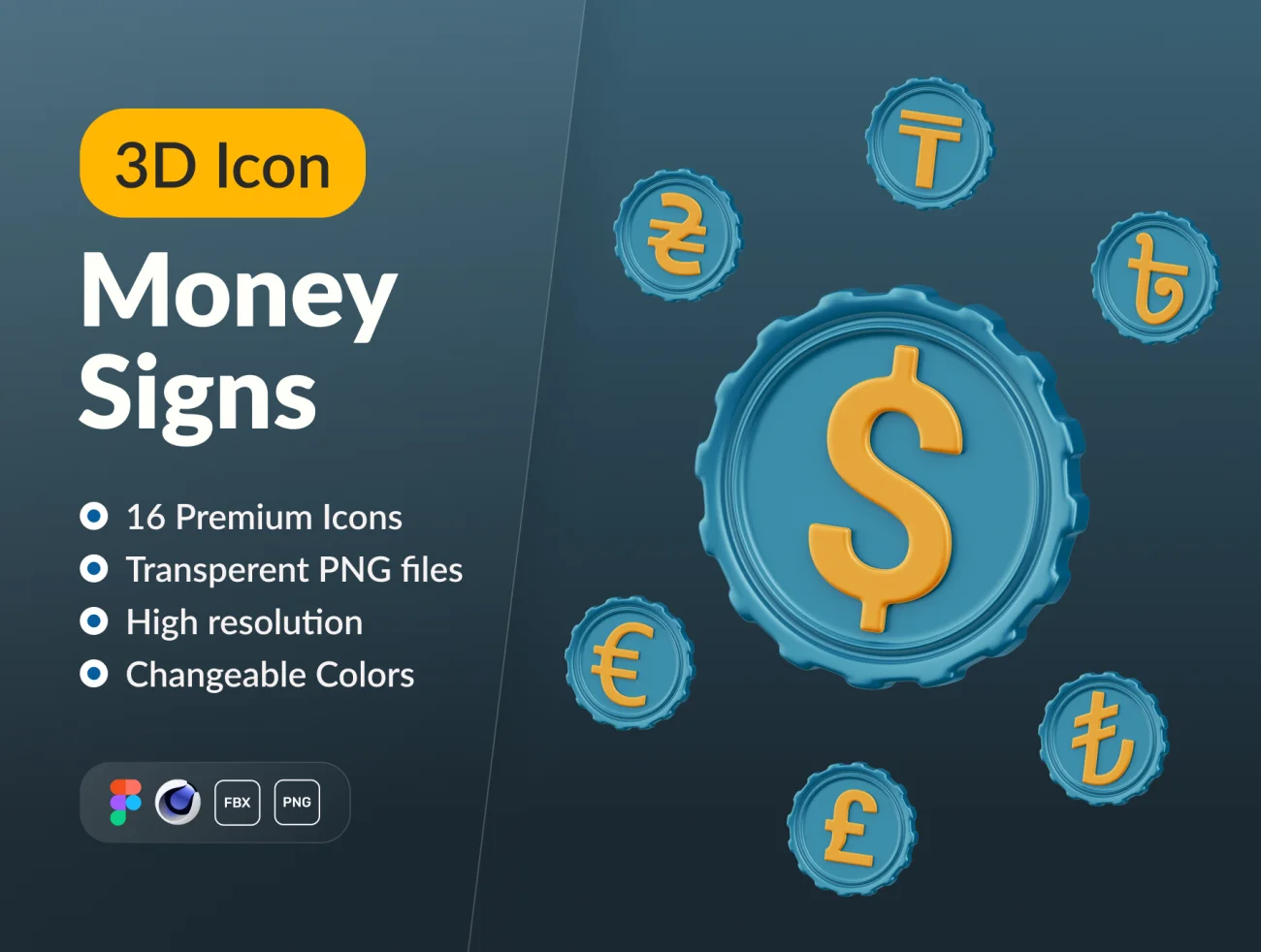 货币符号3D图标模型16款欧元美元英镑法郎人民币符号 Money Signs 3D Icon Set-3D/图标-到位啦UI
