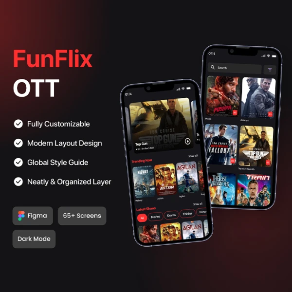 网络视频电影流媒体平台UI设计套件65屏 Funflix OTT- Streaming limitless .figma