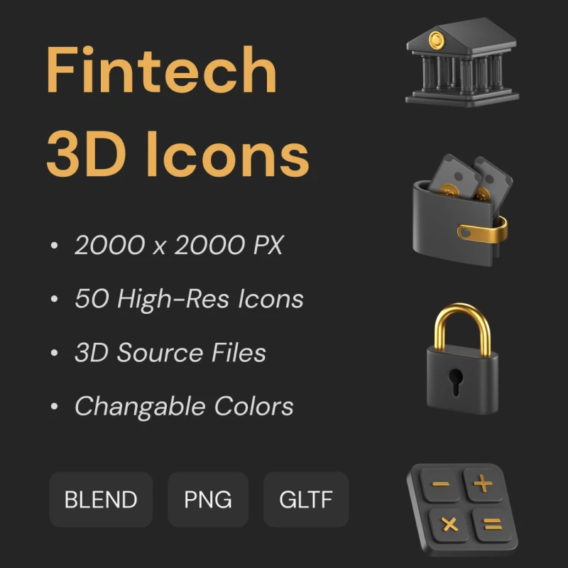 Fintech 金融科技 3D图标包含50个深色和金色主题的3D图标 Fintech 3D Icons blender格式缩略图到位啦UI