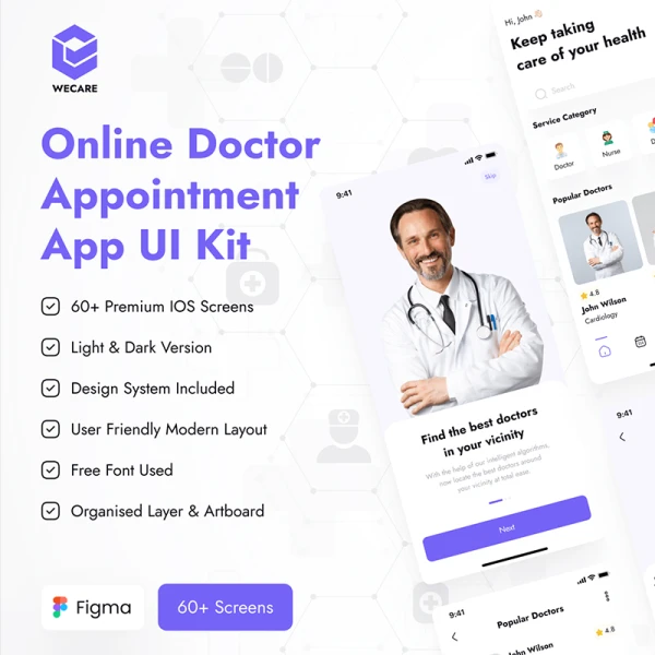在线门诊医生预约健康管理应用程序 UI 套件60屏 Online Doctor Appointment App UI Kit .figma