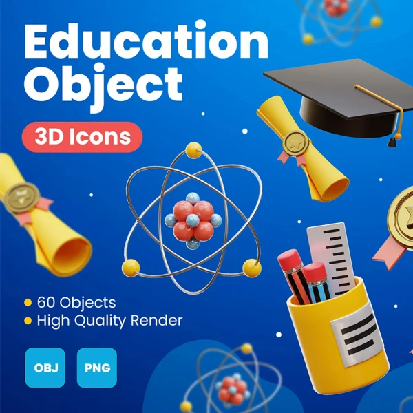 教育教具3D图标模型60款 Education Object 3D Icons .blender .psd