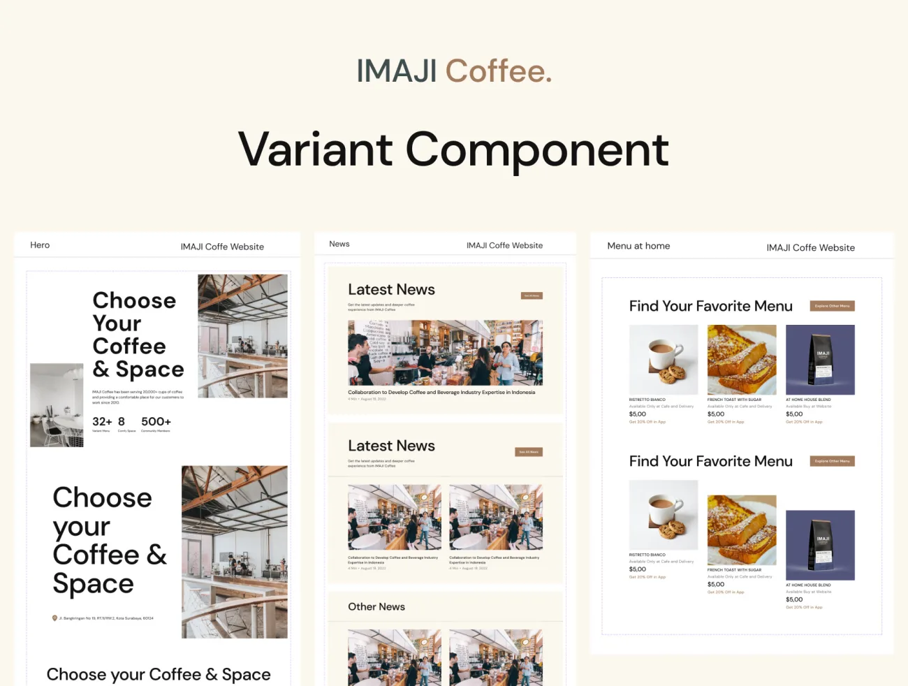 咖啡应用网站平台UI设计套件 Imaji Coffee Website - Coffee Shop and Online Shop UI Kit figma格式-UI/UX、ui套件、博客、卡片式、地图、支付、注册、登录页、网站、聊天、表单-到位啦UI