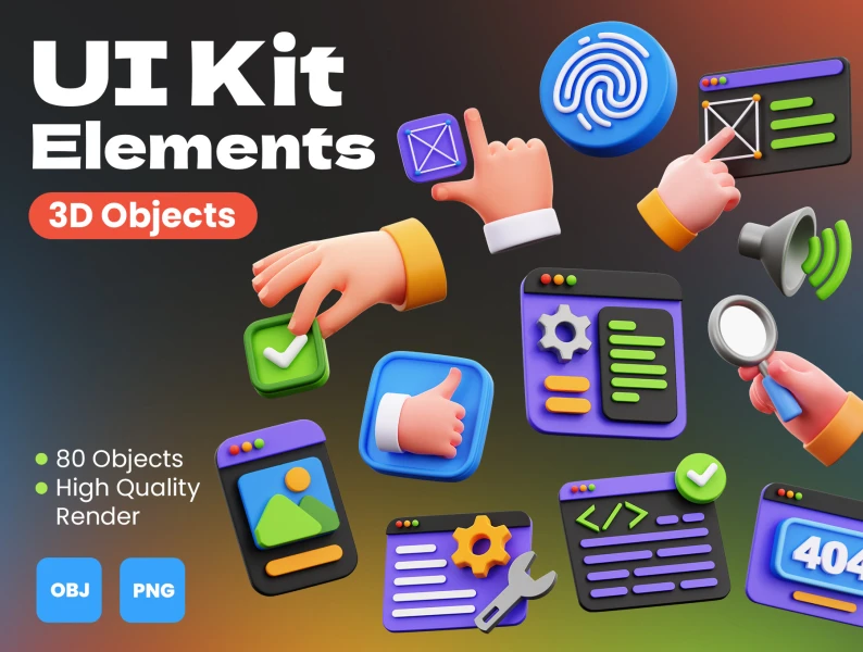 3D UI工具包元素 3D UI Kit Elements png, obj, glb格式
