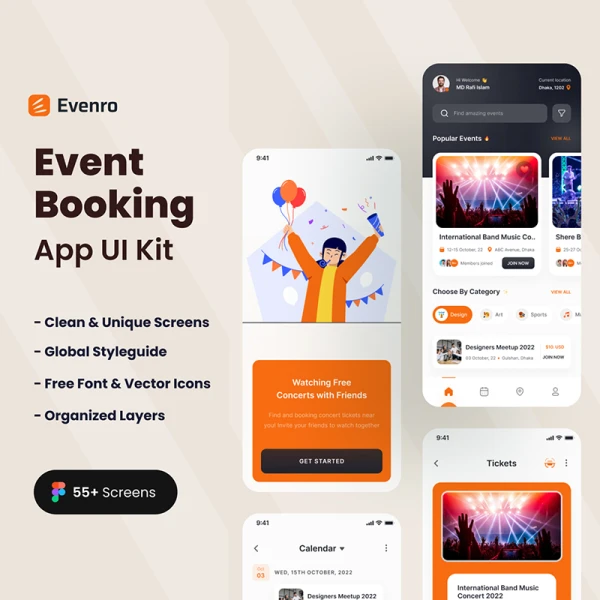 演出活动预订应用程序55屏 Evenro - Event Booking App .figma