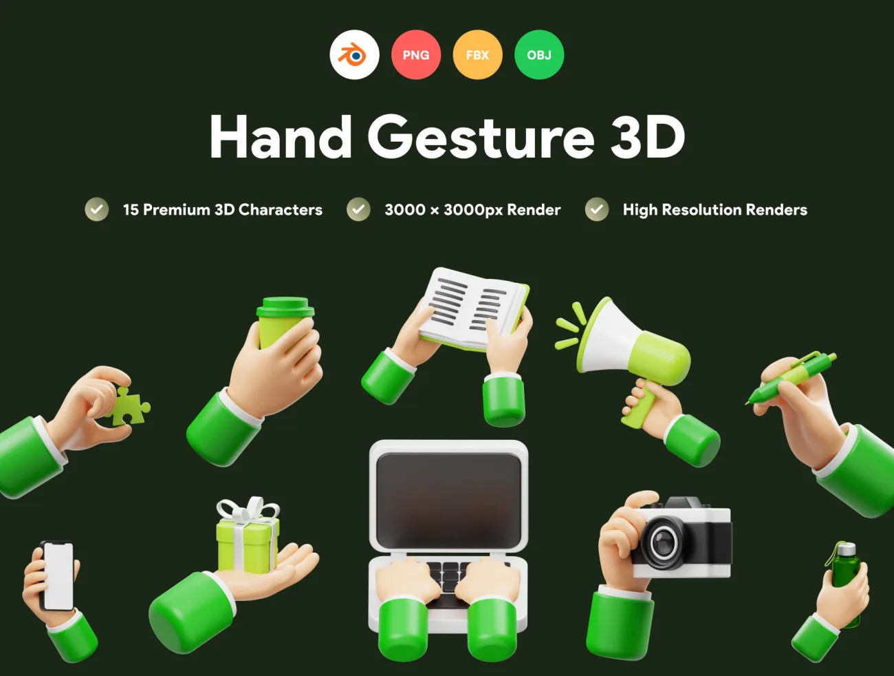 各种操作手势3D图标模型15款 Hand Gesture 3D Icon .blender .obj .fbx .png-3D/图标-到位啦UI