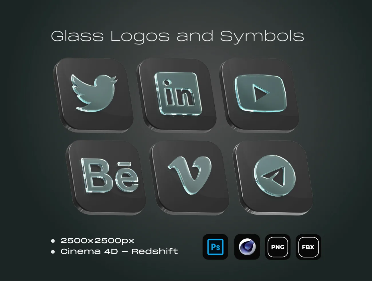 20款玻璃质感3D符号logo图标模型 Glass Logos and Symbols .c4d .psd-3D/图标-到位啦UI