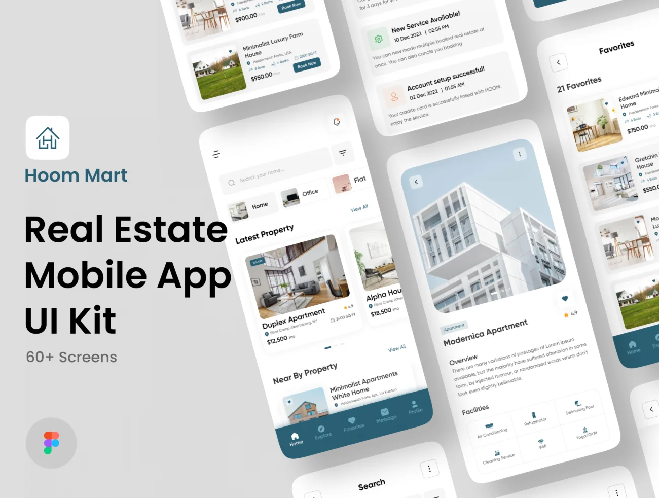 60屏房屋租赁二手房销售房地产应用程序 UI 套件 Hoom Mart - Real Estate App UI Kit .figma-UI/UX、ui套件、主页、介绍、付款、列表、地图、应用-到位啦UI