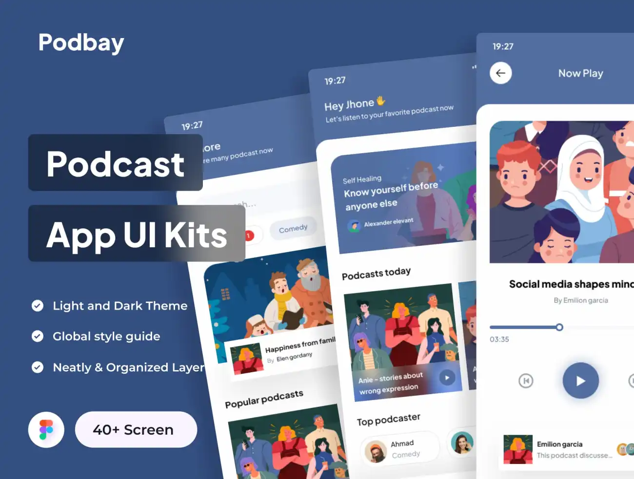 播客电台音乐播放器应用设计套件 Podbay - Podcast App UI Kits .figma-UI/UX、ui套件、主页、应用、播放器-到位啦UI