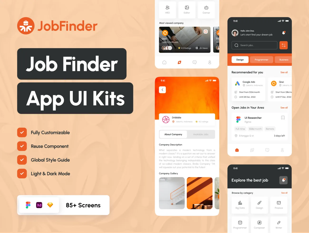 求职招聘移动应用程序UI设计套件85屏 Job Finder Mobile App-UI/UX、ui套件、主页、介绍、列表、图表、地图、应用、聊天-到位啦UI