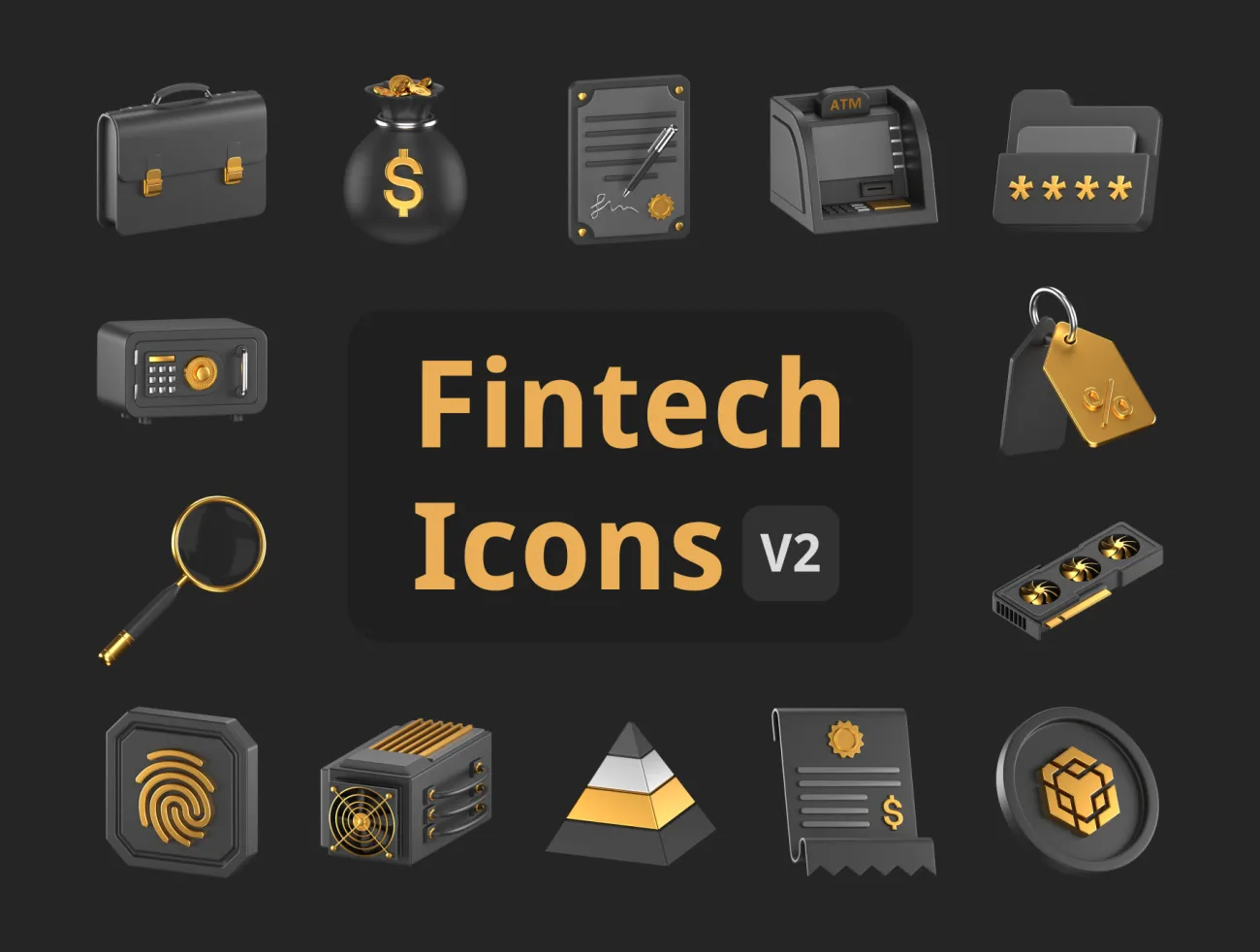Fintech 金融科技 3D图标包含50个深色和金色主题的3D图标 Fintech 3D Icons Pack Vol. 2 blender格式-3D/图标-到位啦UI