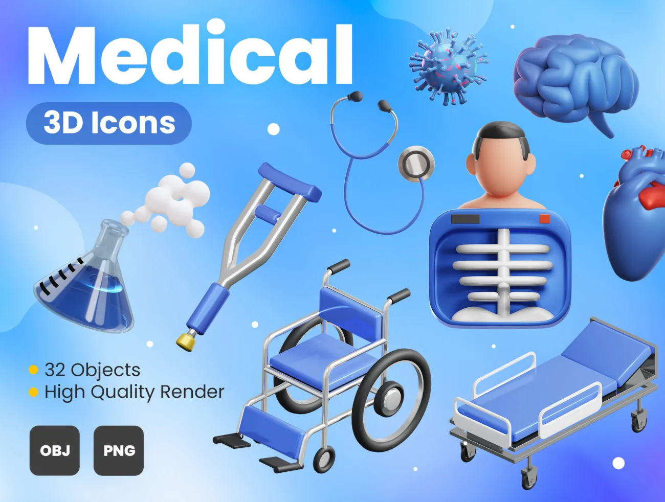 医疗急救药物实验解剖临床3D图标32款 Medical 3D Icons-3D/图标-到位啦UI