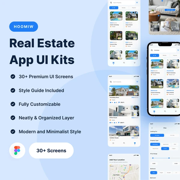 房屋租赁二手房销售房地产应用程序 UI 套件30屏 Hoomiw - Real Estate Mobile App UI Kits .figma