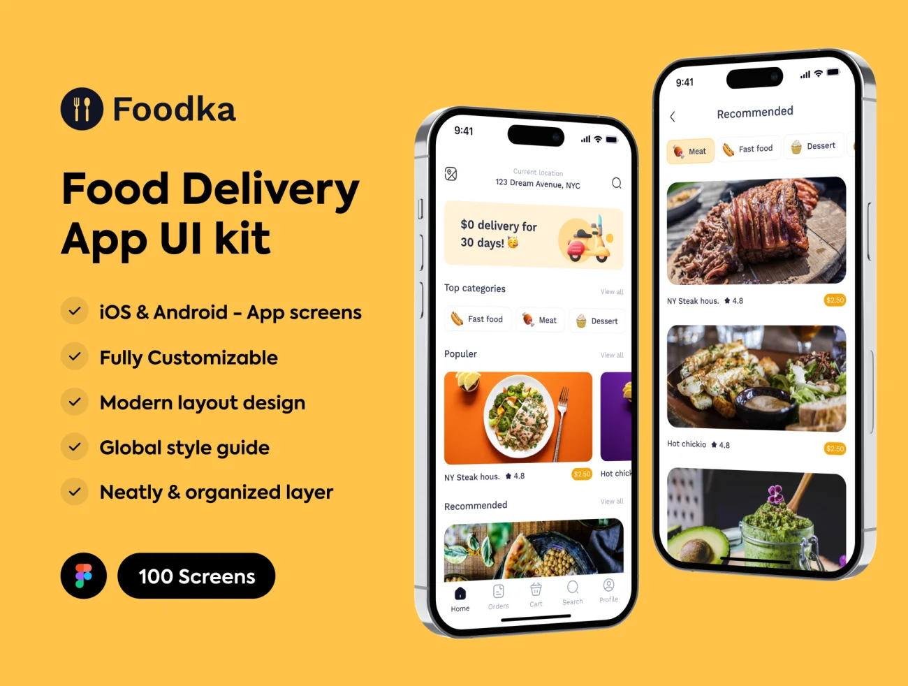 外卖点餐配送手机应用UI设计套件100屏 Foodka - Food Delivery App UI kit .figma-UI/UX、ui套件、主页、出行、地图、应用、网购、详情-到位啦UI