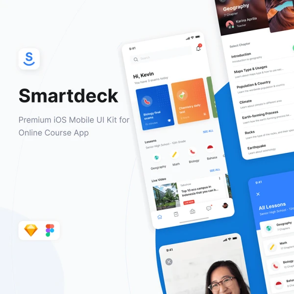 在线学习网络教育手机应用程序UI工具包 Smartdeck Student Mobile Course E-Learning App UI Kit .sketch .figma .lunacy