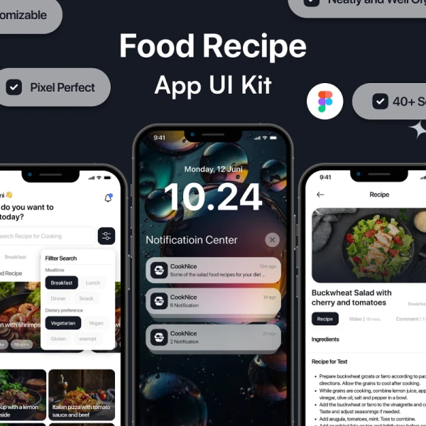 iOS美食应用App UI设计套件高质量Figma模板 Food Recipe - CookNice Mobile App iOS UI Kit figma格式