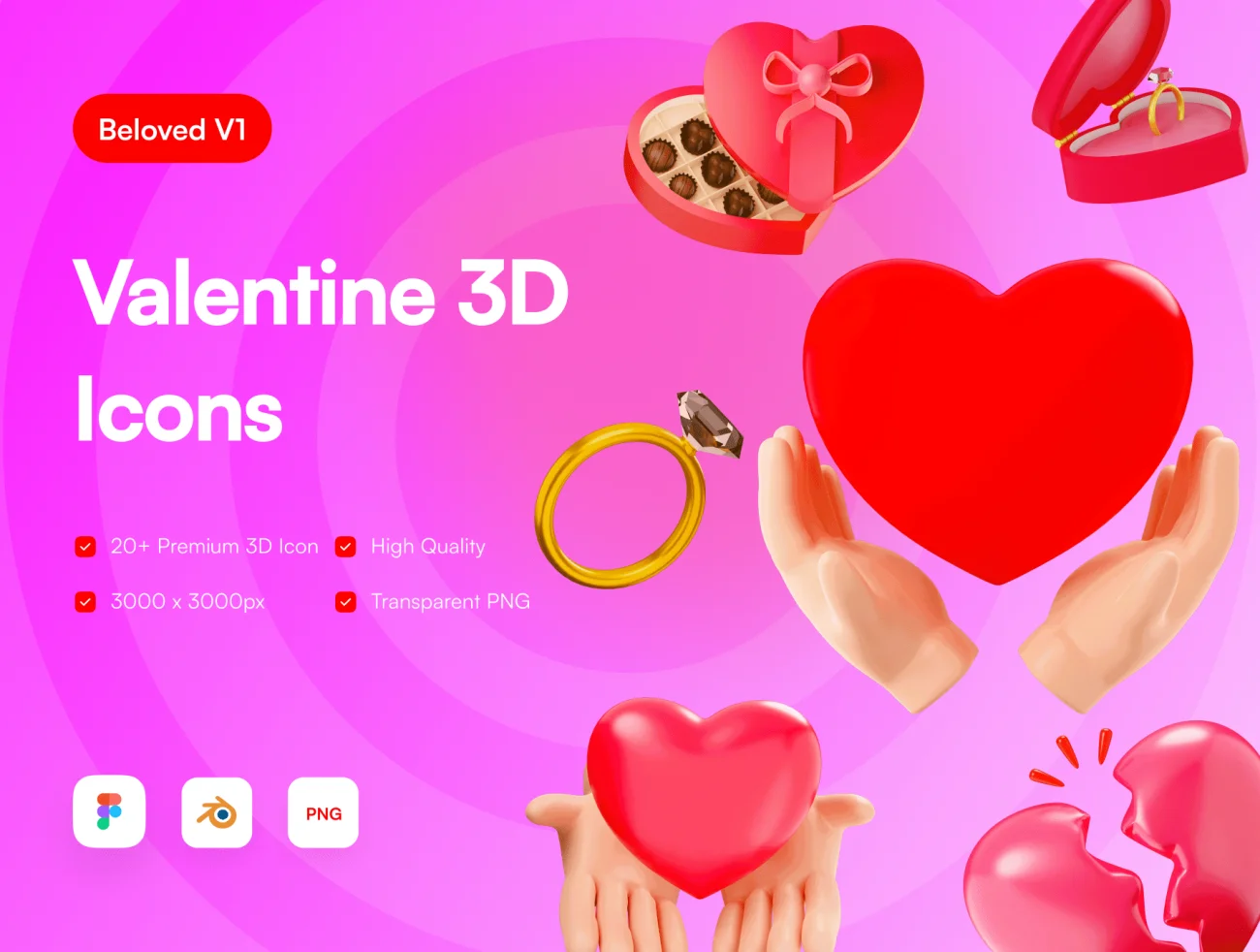 情人节3D图标模型素材包 Valentine 3D Icons .blender .figma-3D/图标-到位啦UI