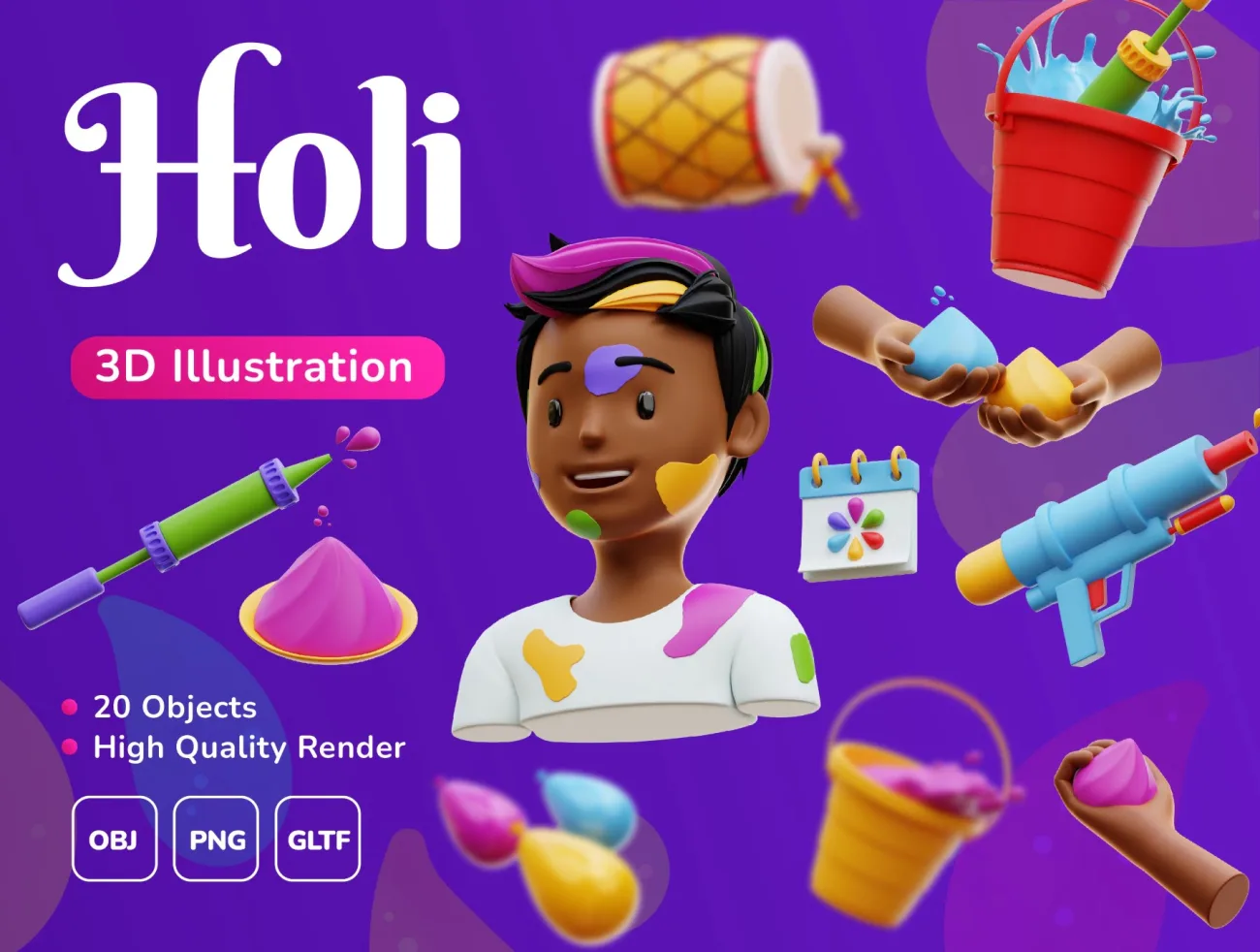 洒红节日狂坏庆祝3D图标模型 Holi Festival - 3D illustration Pack .blender .psd .ai ,figma-3D/图标-到位啦UI