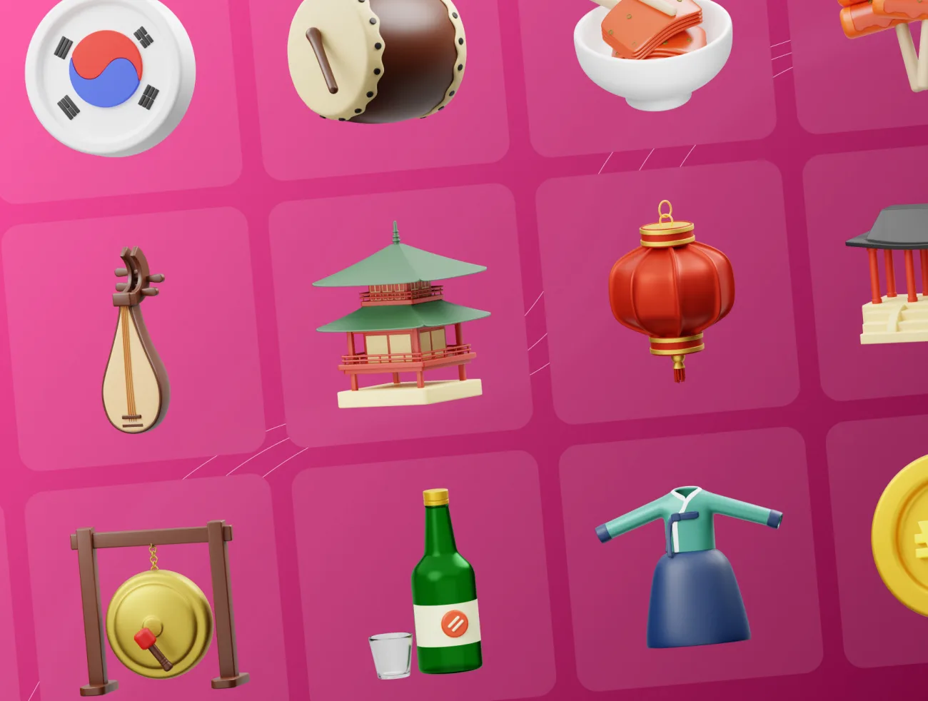 韩国文化建筑美食3D图标模型素材 Korean Culture 3D Icon blender格式-3D/图标-到位啦UI