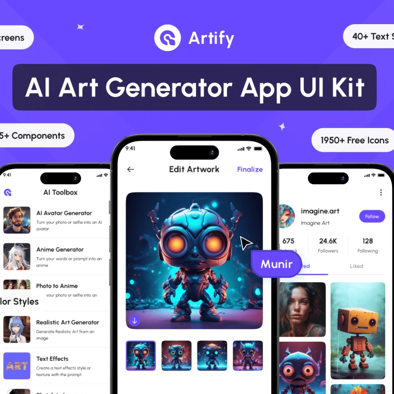 Artify - 高质量AI艺术生成器App UI套件 Artify - AI Art Generator App UI Kit figma格式缩略图到位啦UI